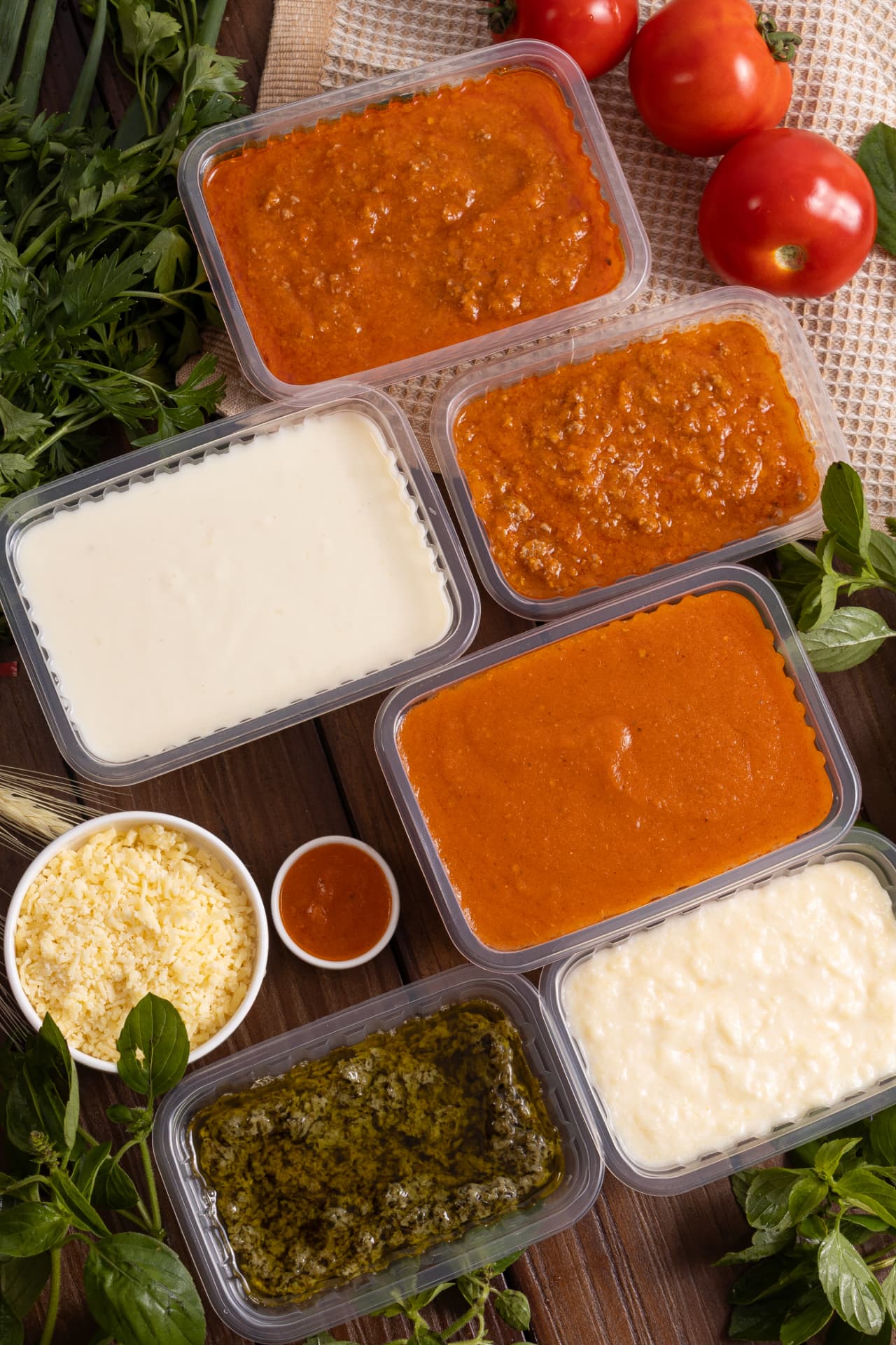 Molhos Rotama: bolonhesa, branco, sugo, pesto e queijo em embalagens
