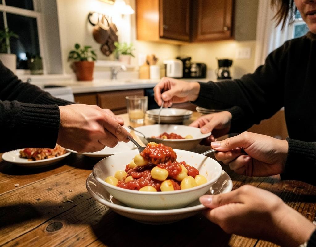 Família servindo nhoque com molho à mesa