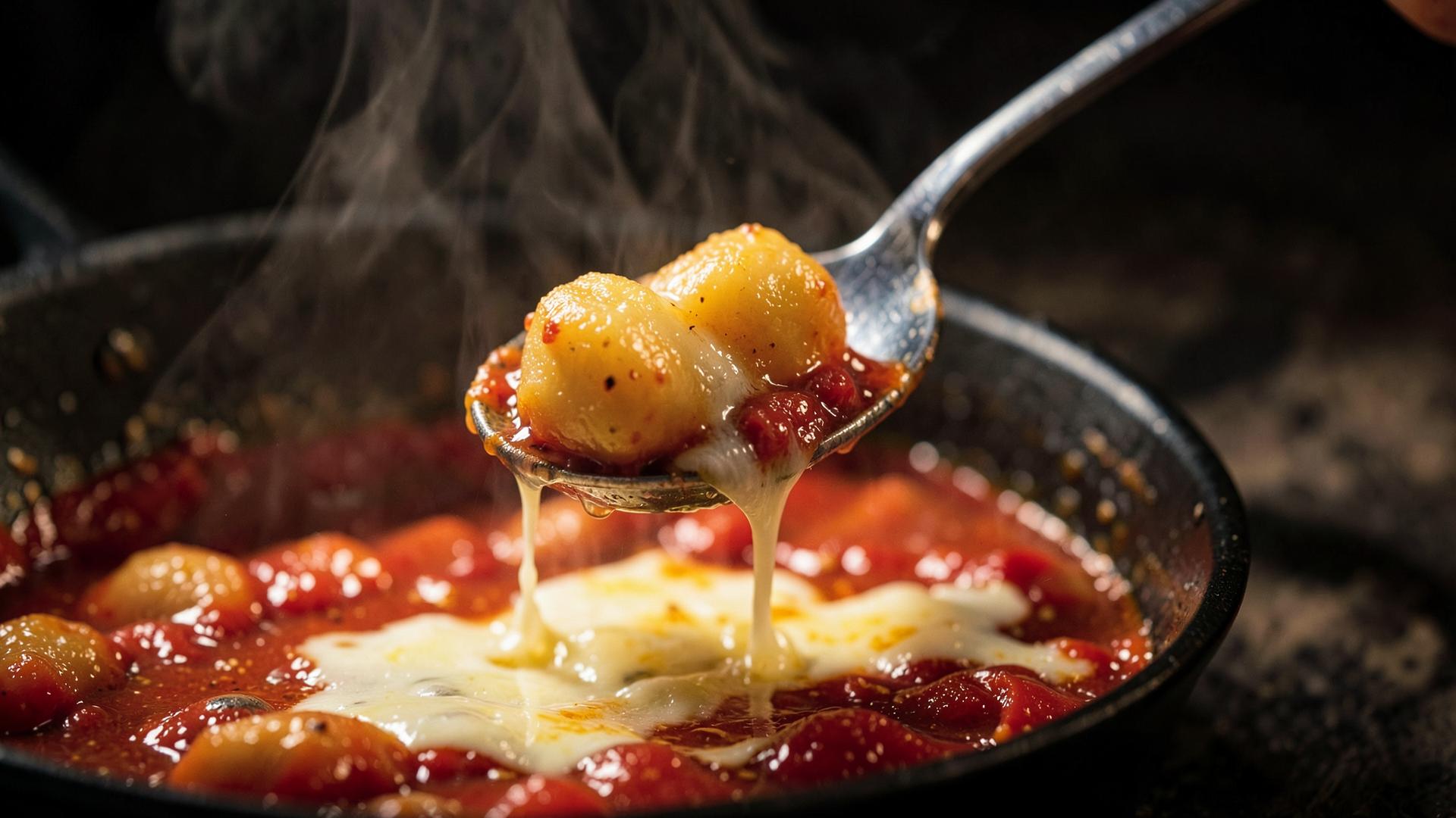 Nhoque sendo servido de uma panela com molho de tomate e queijo