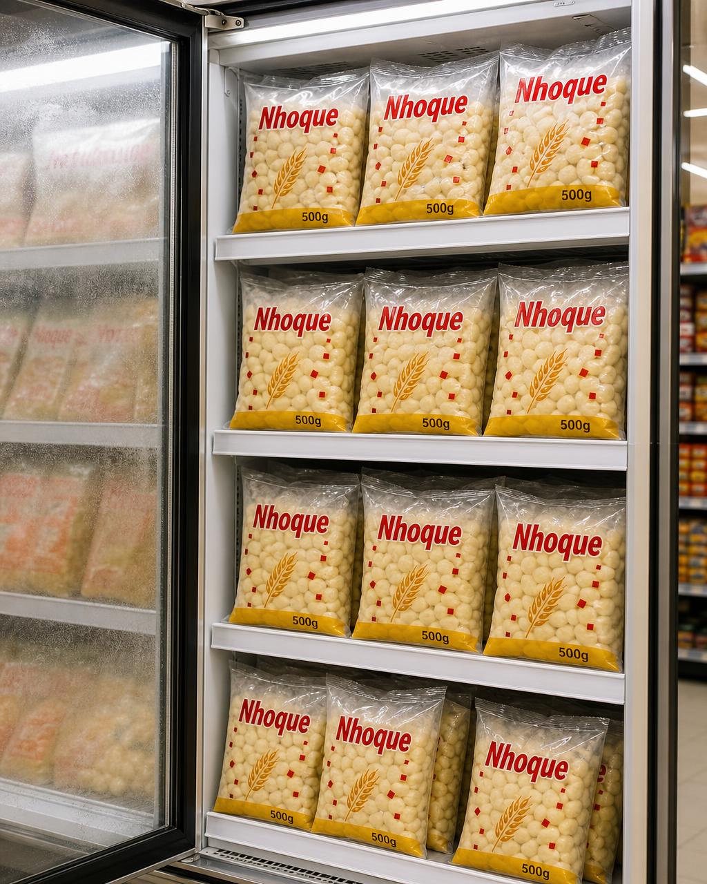 Embalagens de nhoque congelado no freezer do supermercado